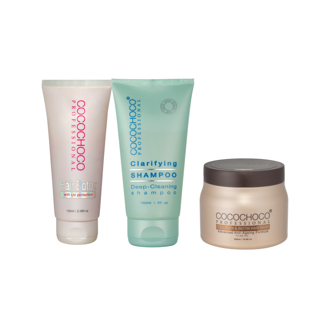 COCOCHOCO Hår Botox 100ml + Clarifying Shampoo 150ml + Collagen & Biotin | Luksuriøs Anti-Aging Hårkur 500ml Ink.moms