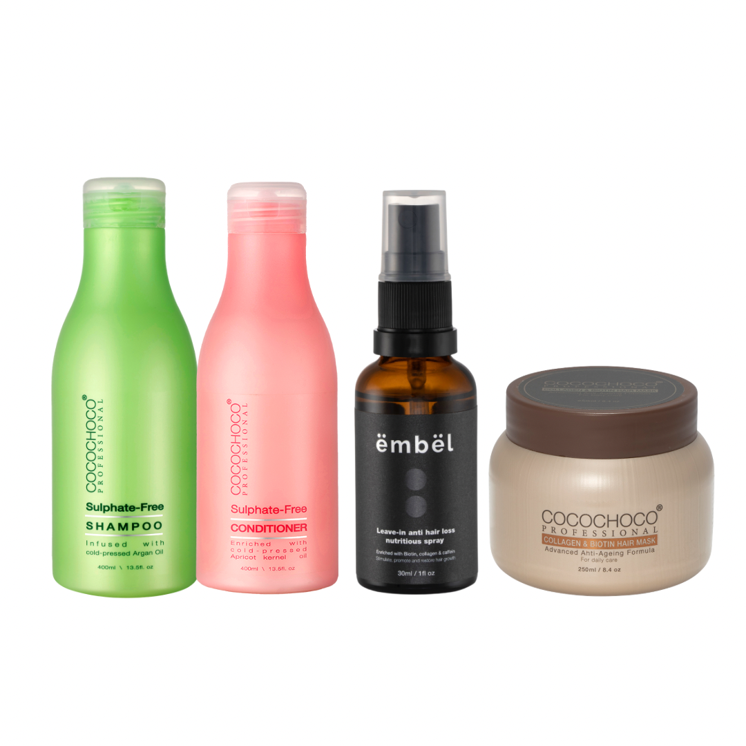 Cocochoco Sulfatfri Shampoo & Balsam 400ml ,Embel Hair Loss Leave-in 30ml og Collagen & Biotin Hårkur 250 ml