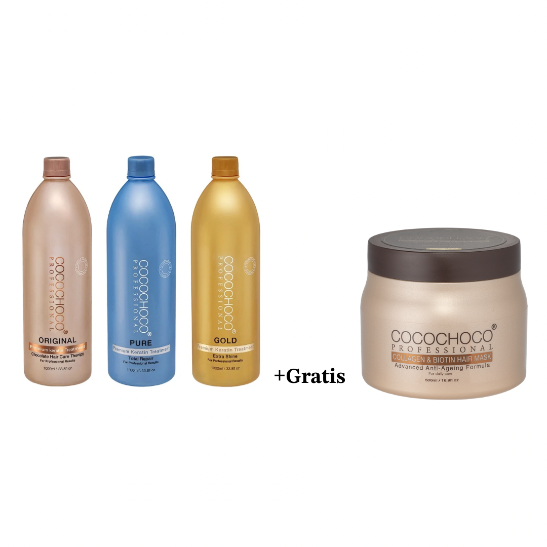 2× COCOCHOCO Keratin 1000 ml (vælg mellem Original, Pure eller Gold) + Gratis Collagen & Biotin Hårkur 500 ml!