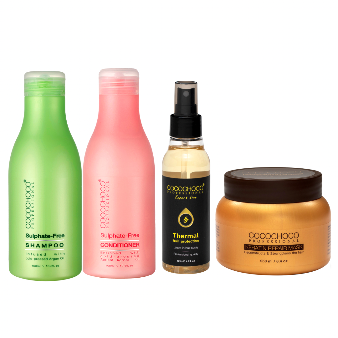 COCOCHOCO Sulfatfri Shampoo & Balsam 400 ml + Keratin Repair Hårkur 250 ml + Thermal Hair Protection Spray 125 ml
