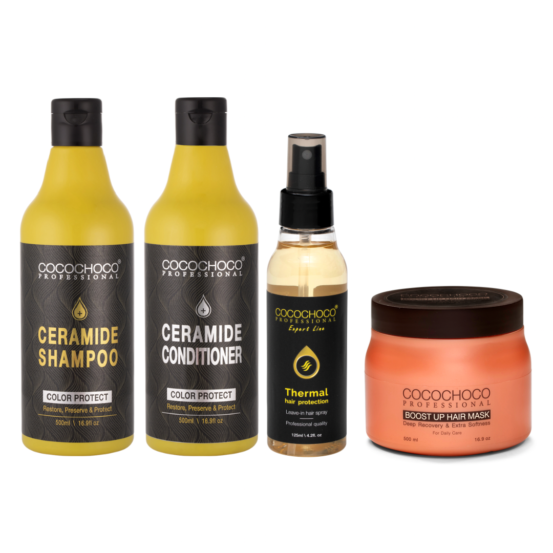 COCOCHOCO Ceramide Colour Protection Shampoo & Balsam 500 ml + Boost Up Hårkur 500 ml + Thermal Hair Protection Spray 125 ml
