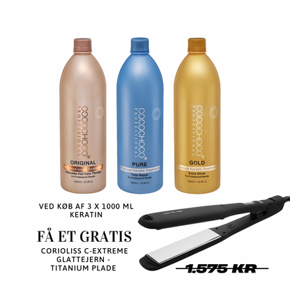 3 x 1000 ml Keratin får du et Corioliss C-Extreme glattejern med titaniumplader – helt GRATIS! Til vores professionelle kunder