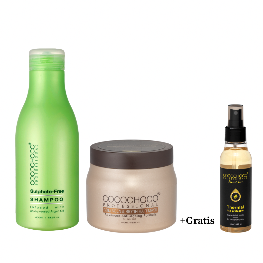 COCOCHOCO Sulfatfri Shampoo + COLLAGEN & BIOTIN Hårkur 500 ml + Gratis Thermal Hair Protection Spray 125 ml