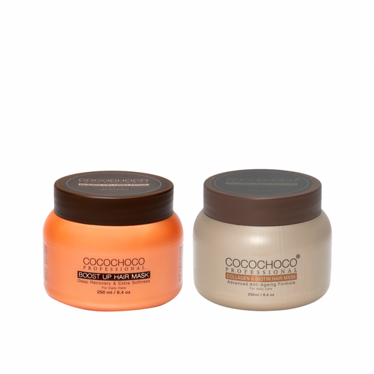 Cocochoco Collage & Biotin Hårkur 250ml til tørt hår – dyb fugt og intensiv genopbygning og Boost up Hårkur 250ml - ekstra blødhed og volumen