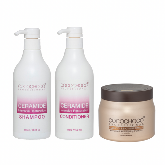 COCOCHOCO Ceramide Intensive Restoration Shampoo & Balsam 500ml og COCOCHOCO Collagen & Biotin Hårkur 500ml